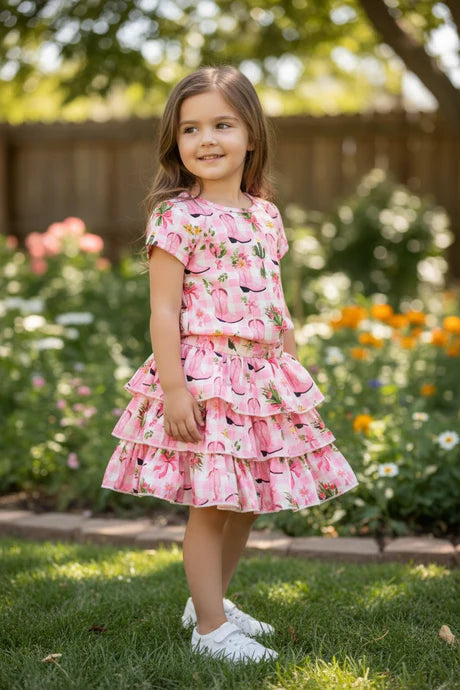 Girls Pink Western Boot Top & Tiered Skirt Set