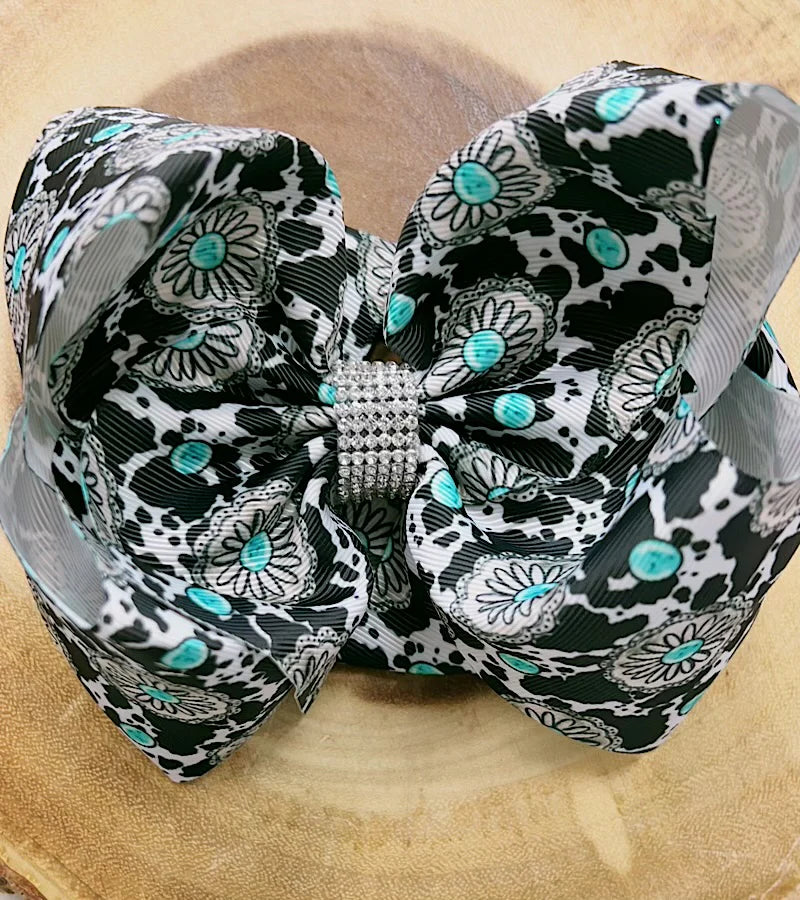 7.5" Concho & Cow Print Rhinestone Hair Bow