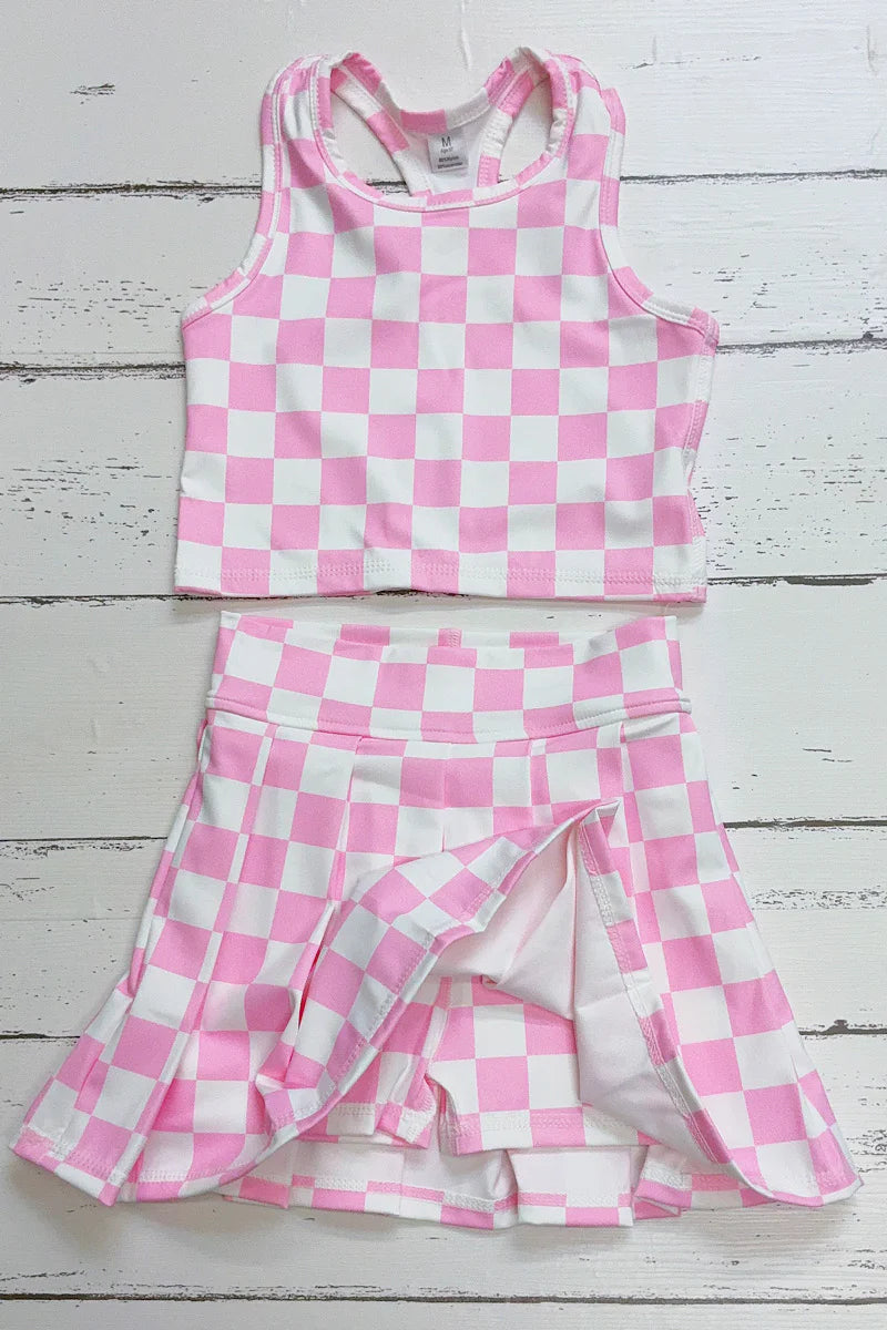 Light Pink & White Checker Print Crop Top & Short Set