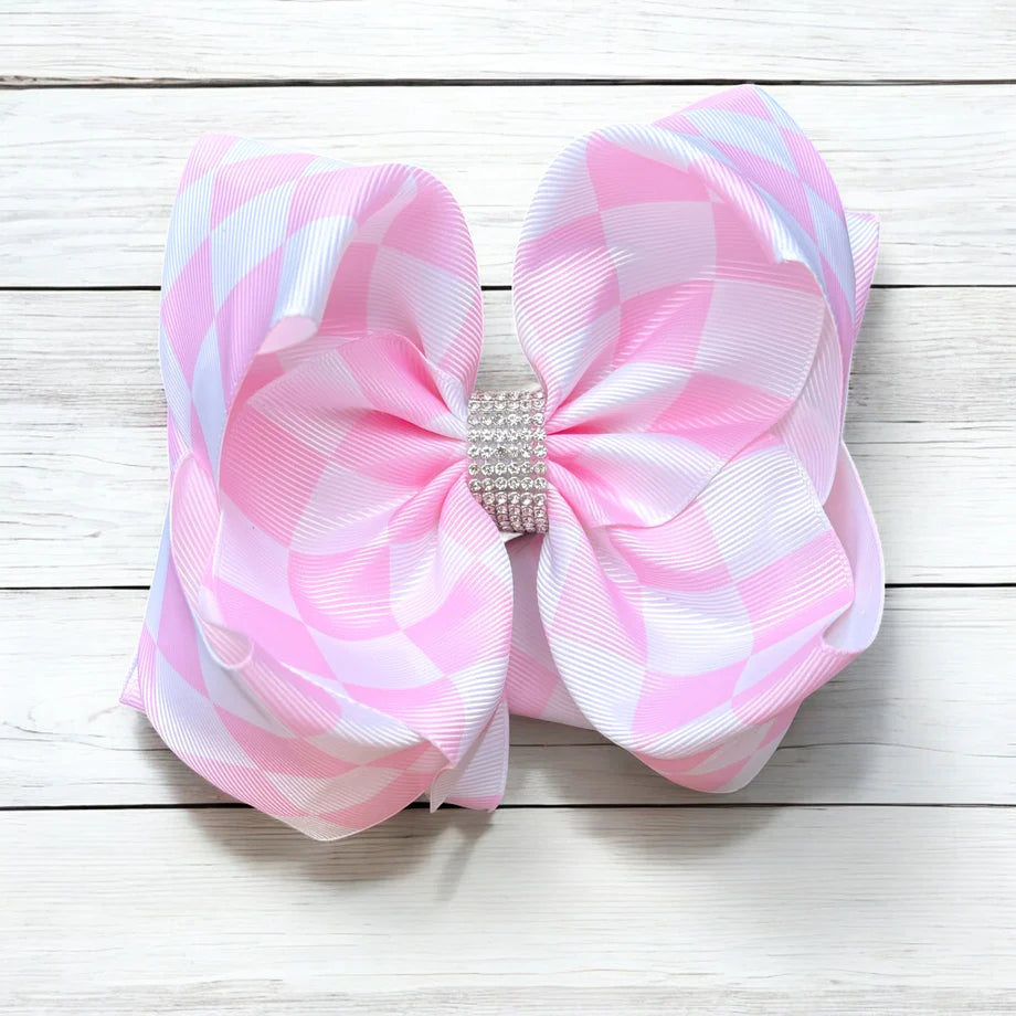 Pink & White Checkered Crystal Bow