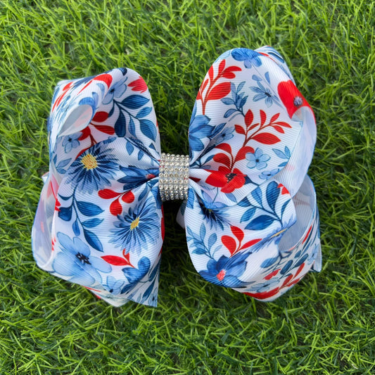 Patriotic Floral Print  6.5" Double Layer Hair Bow