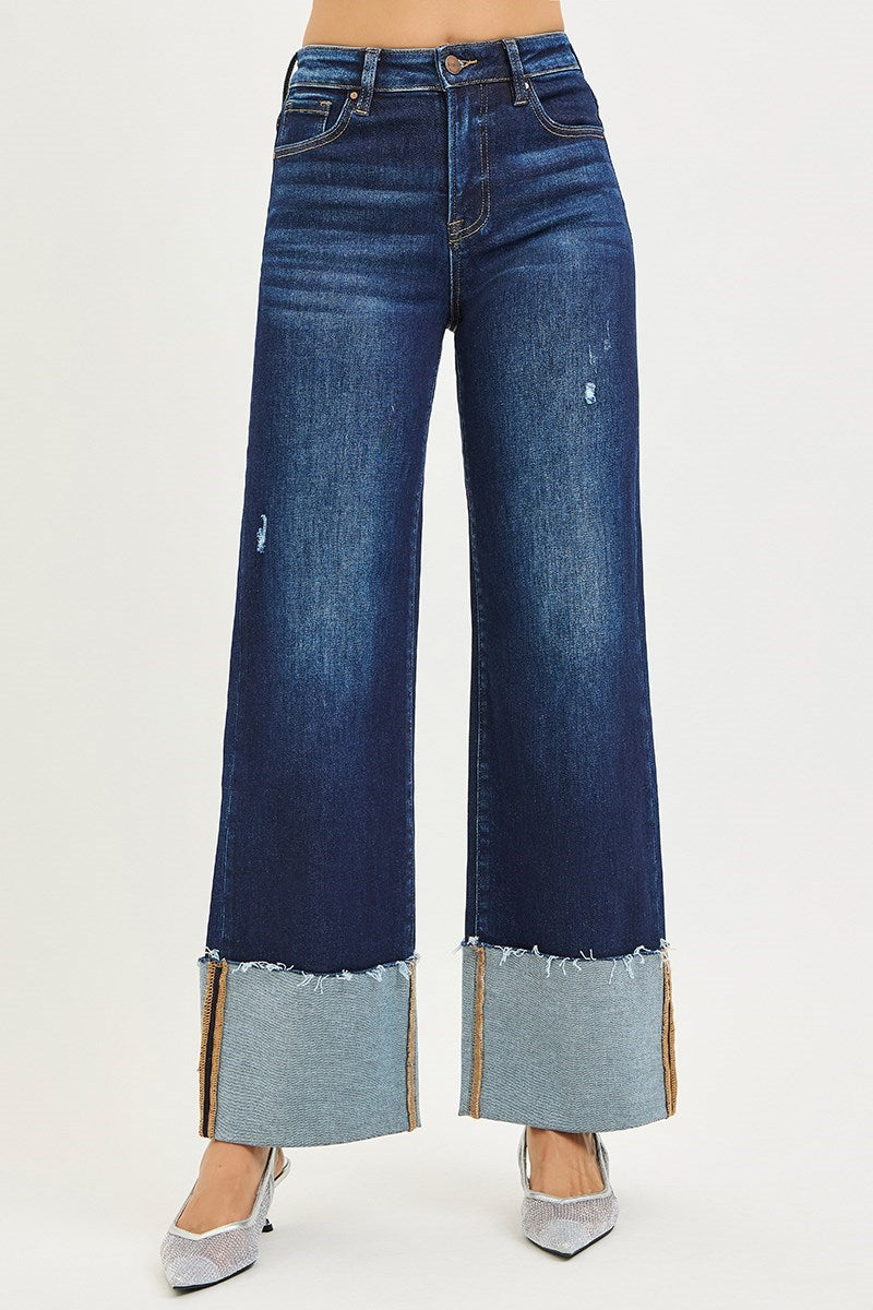 Risen High Rise Ankle Wide Cuffed Jeans- Deep Blue