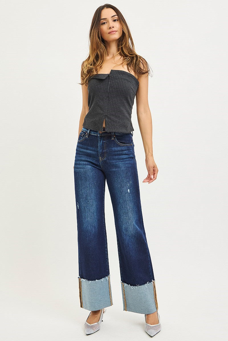 Risen High Rise Ankle Wide Cuffed Jeans- Deep Blue