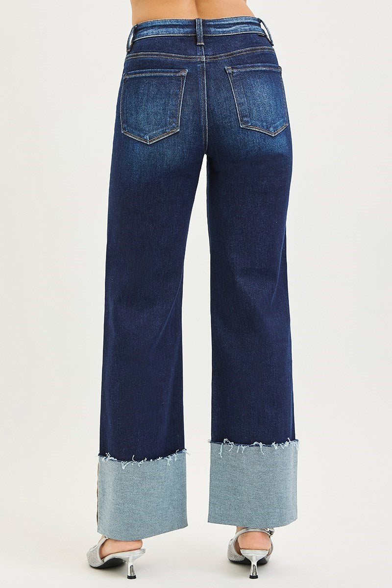 Risen High Rise Ankle Wide Cuffed Jeans- Deep Blue