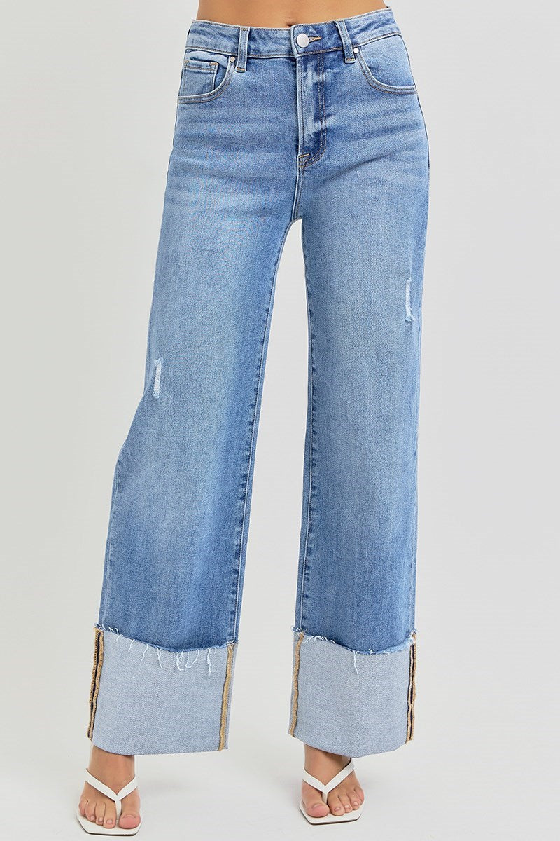 Risen High Rise Ankle Wide Cuffed Jeans- Medium