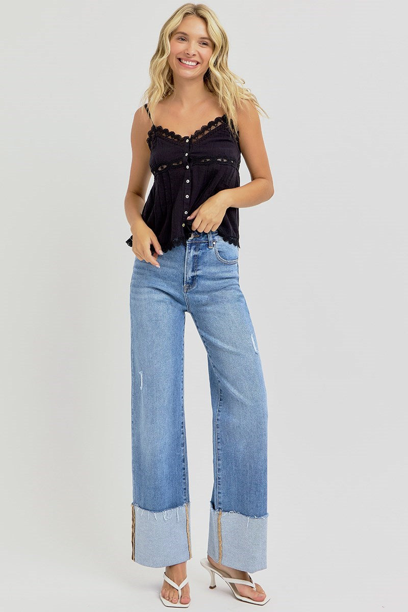 Risen High Rise Ankle Wide Cuffed Jeans- Medium
