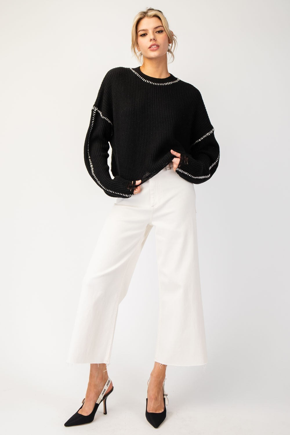 Stitch Point Long Sleeve Cropped Sweater