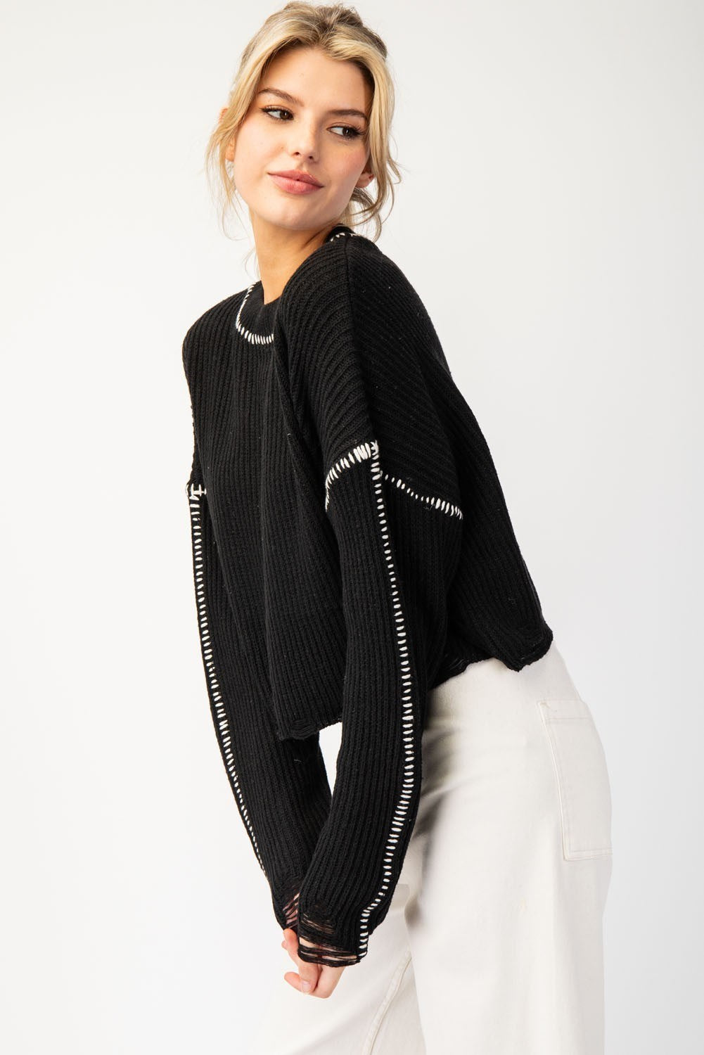 Stitch Point Long Sleeve Cropped Sweater