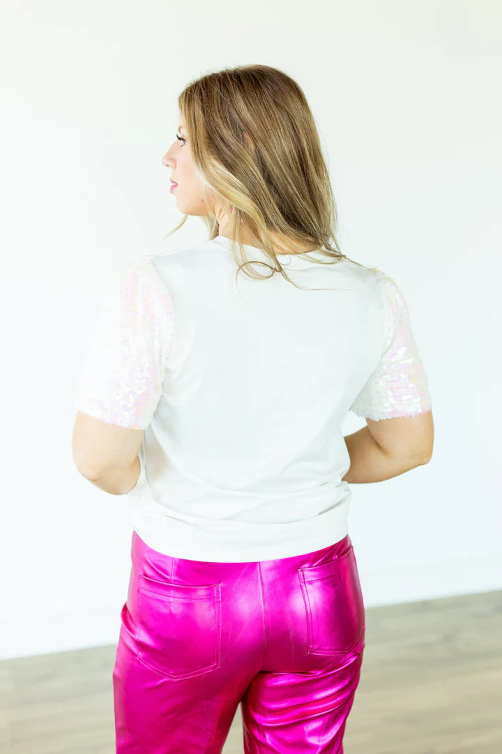 XOXO Sequin Sleeve White Top