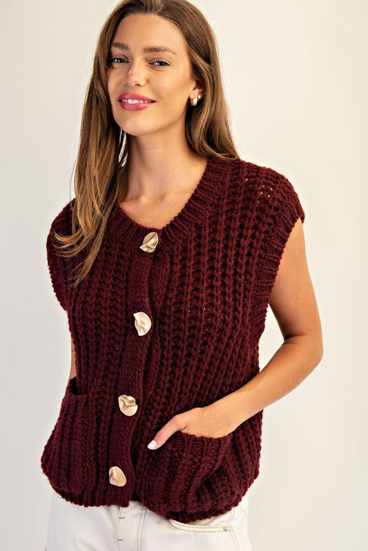 Wine Button Down Chunky Knit Vest