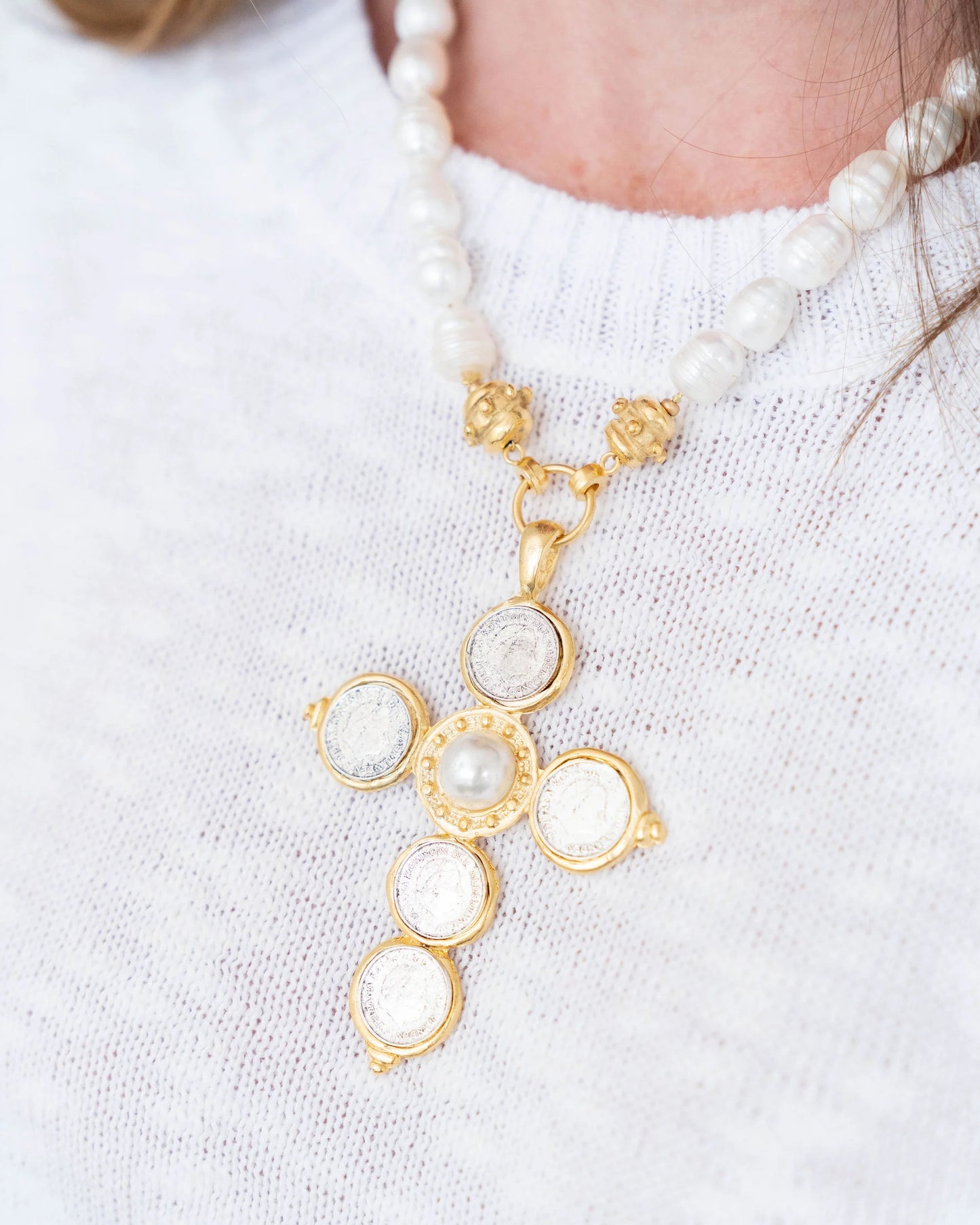 Susan Shaw Mixed Metals Coin Cross Pearl Necklace