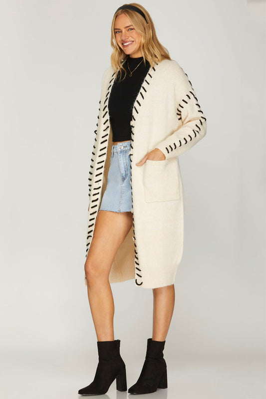 Cream Open Front Stitched Cardigan