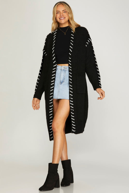 Black Open Front Stitched Cardigan