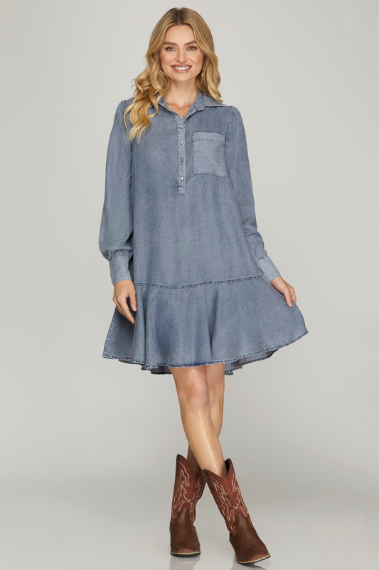 Long Sleeve Contrasting Chambray Dress