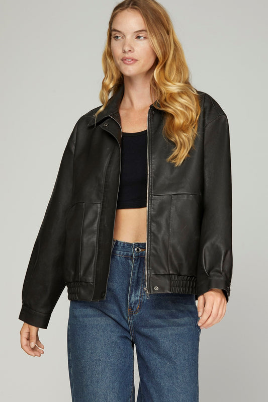 Black Washed Faux Leather Jacket