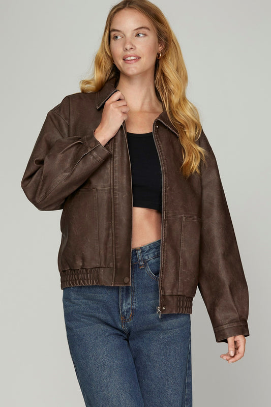 Brown Washed Faux Leather Jacket