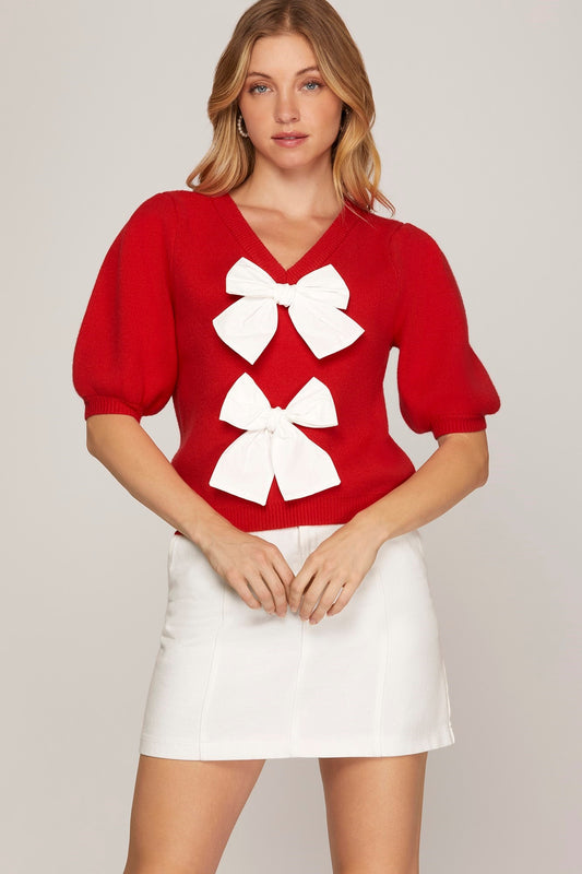 Red Puff Sleeve Double Bow Sweater