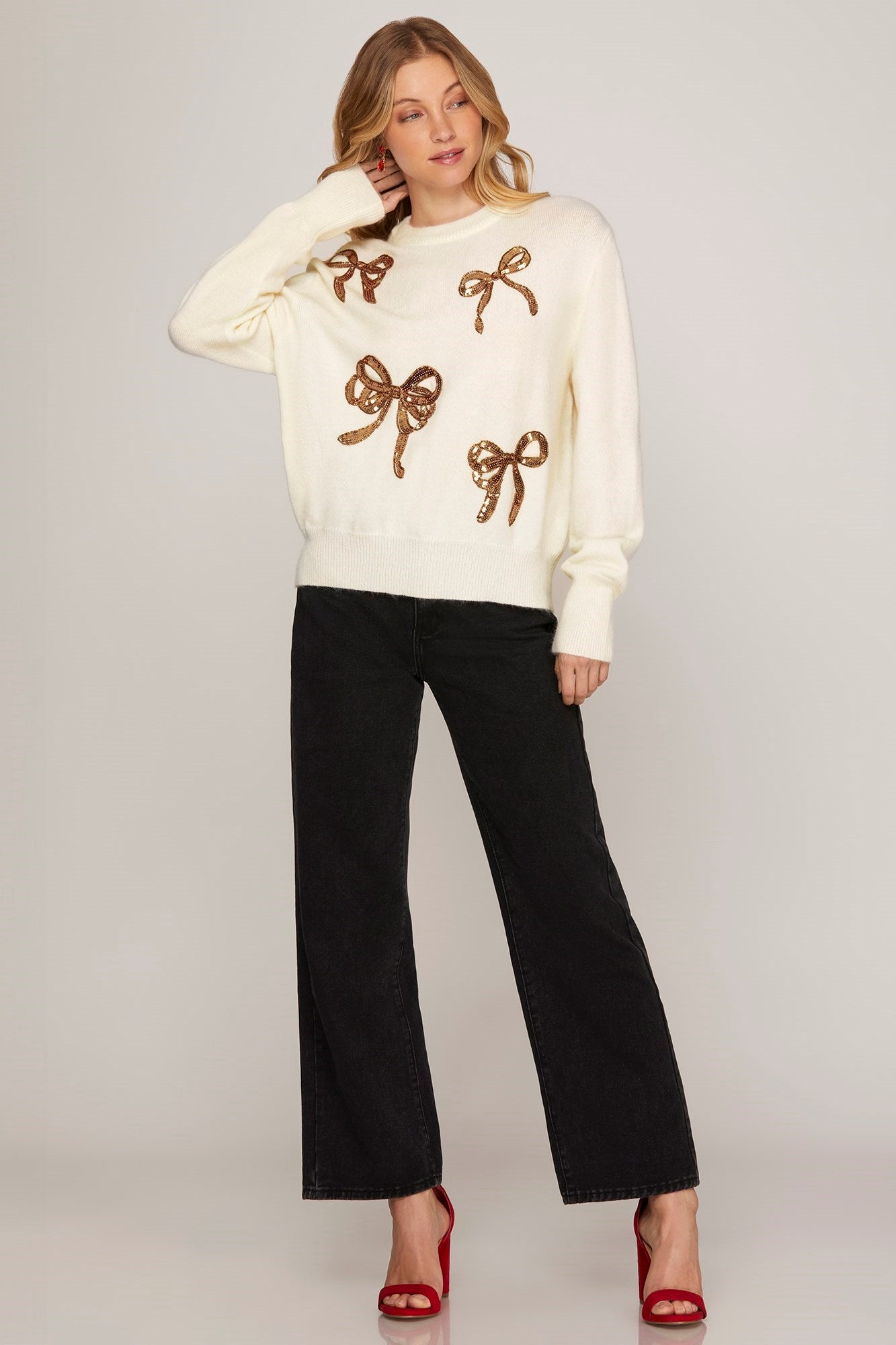 Cream Sequin Ribbons Sweater