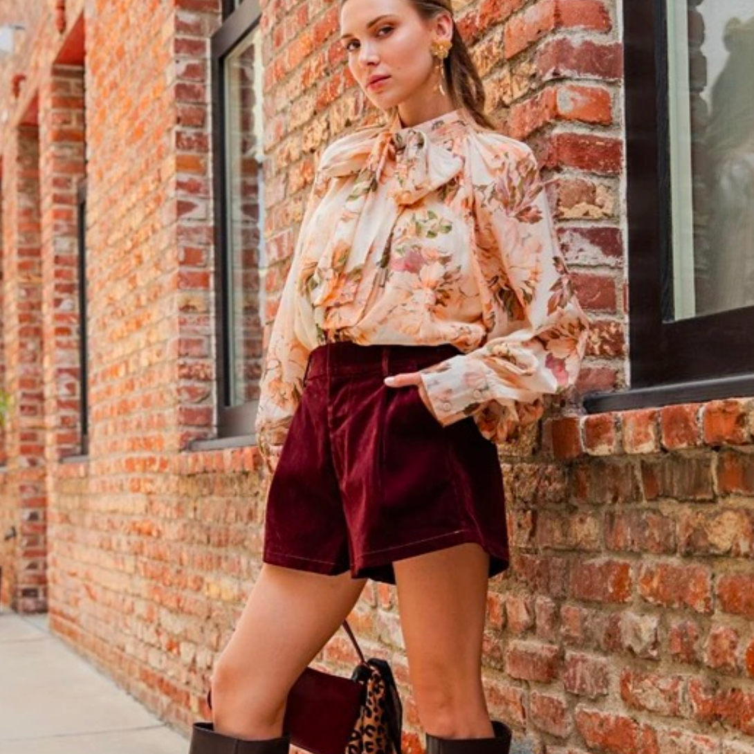 Burgundy High Waist Stitch Detail Shorts