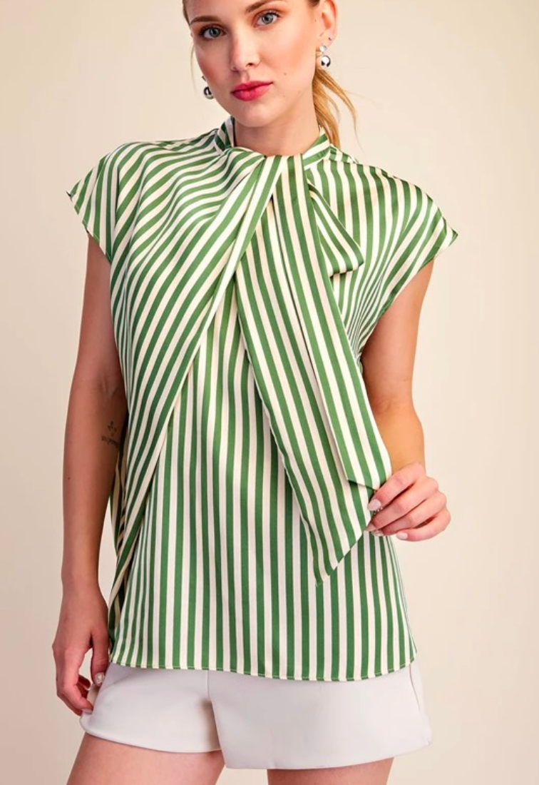 Striped Blouse with Neck Tie- Olive