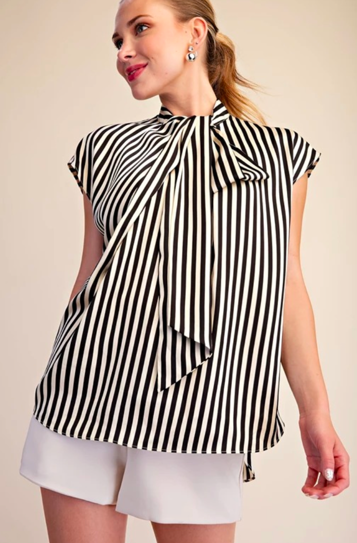Striped Blouse with Neck Tie- Black