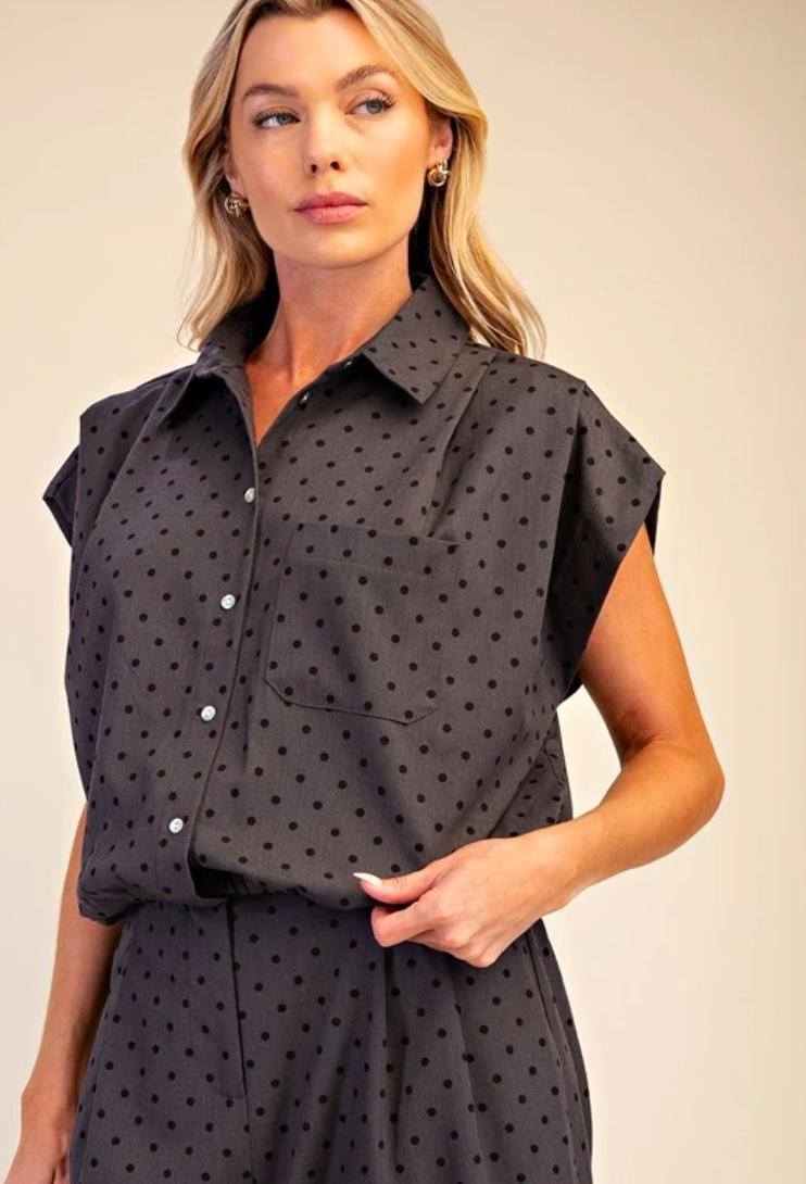 Charcoal Polka Dot Balloon Pleated Top & Pant set