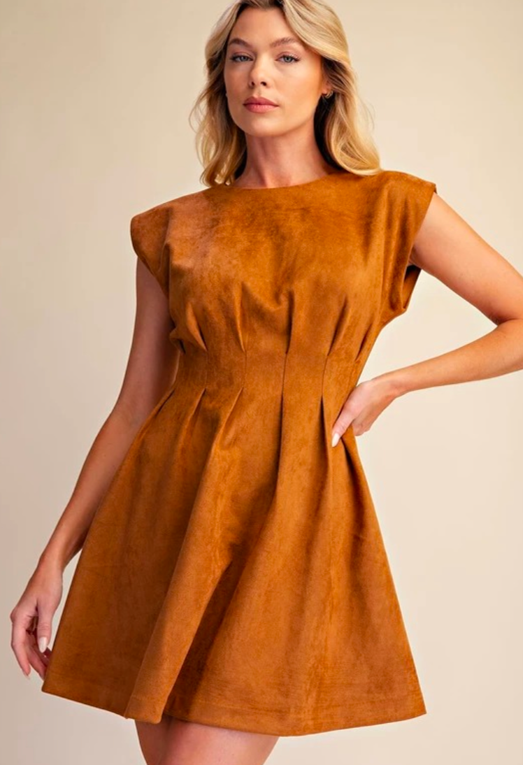 Camel Mini Dress with Waist Pleats