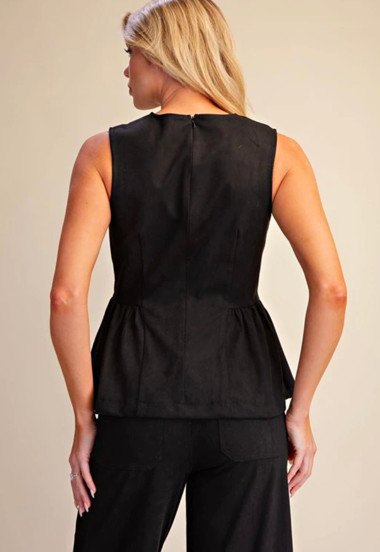 Round Neck Sleeveless Peplum Top- Black