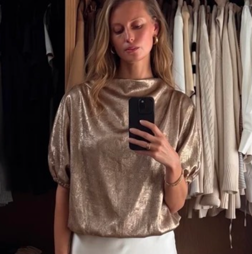 Taupe Metallic Blouson Top & Pant Set