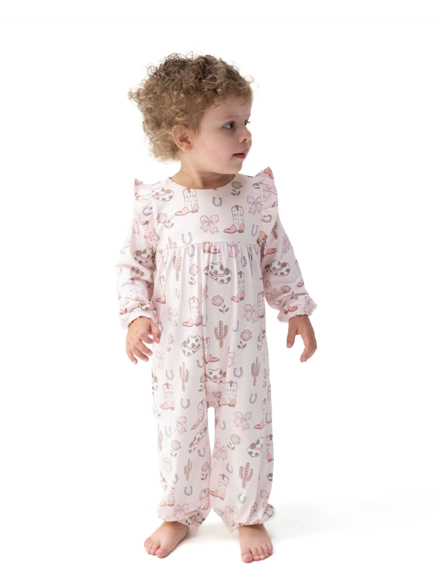 Angel Dear Cowgirl Boots & Bows Ruffle Sleeve Snap Romper