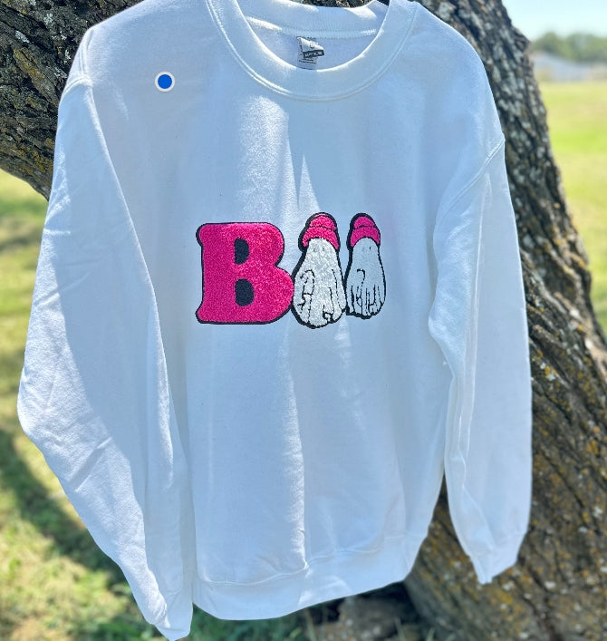 Pink & White Chenille BOO Sweatshirt- White