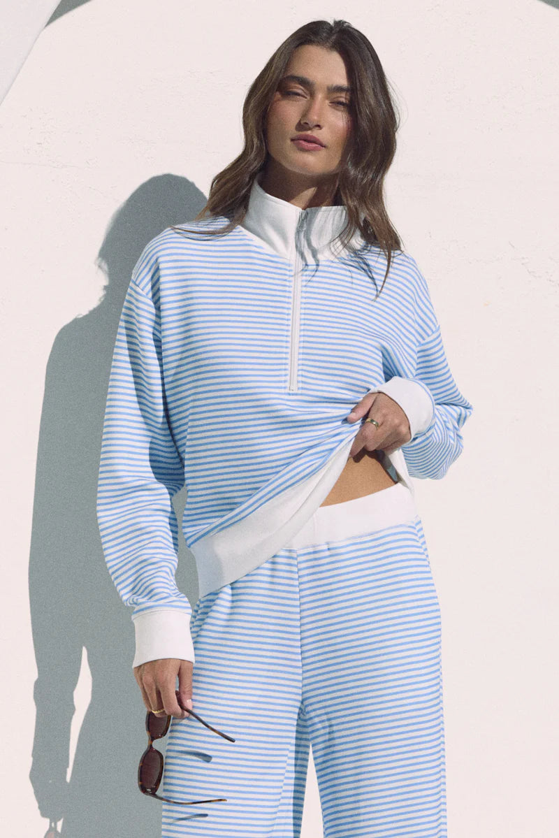 Blue Striped Cloud Fleece Quarter Zip Top