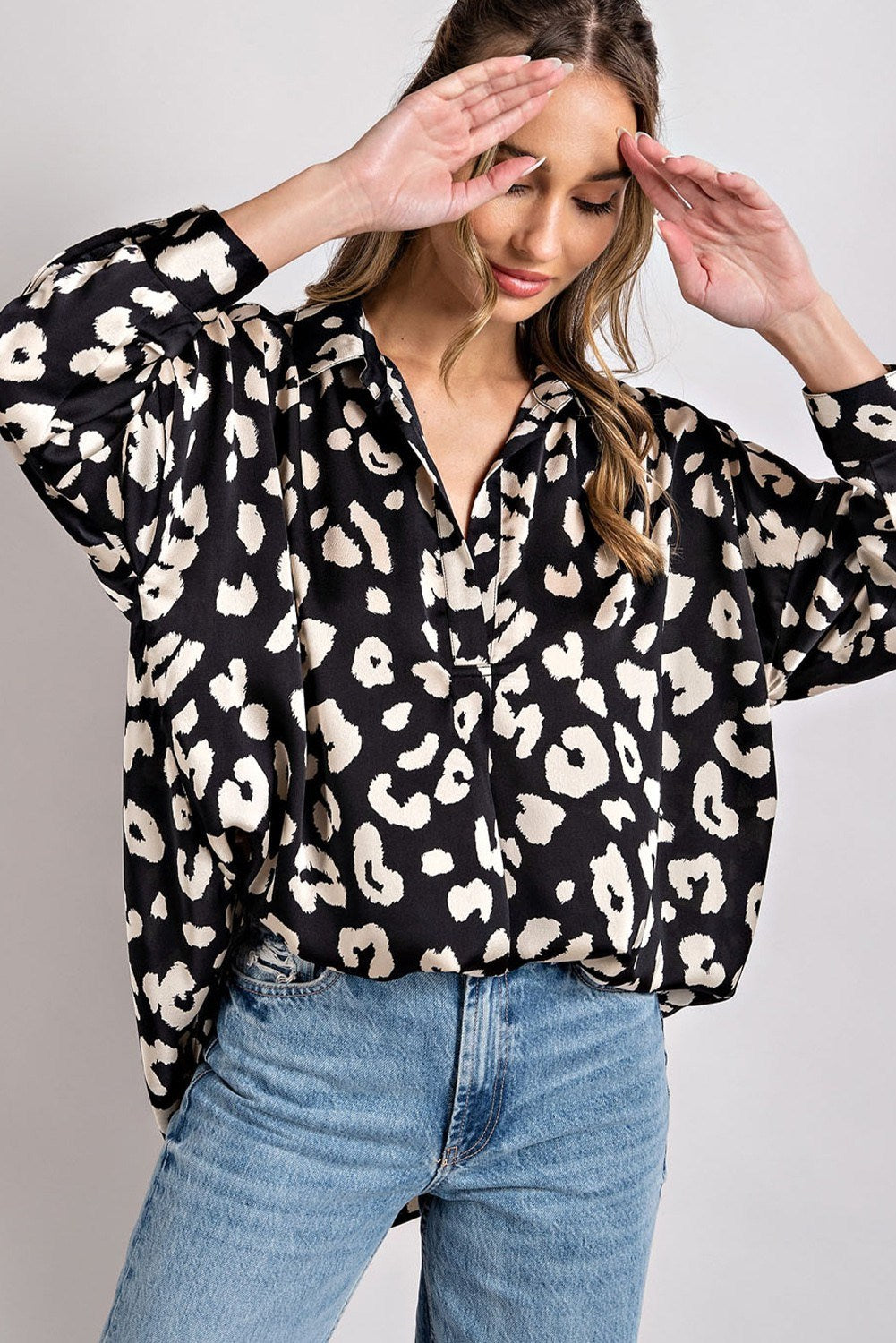 Black Leopard V-neck Button Down Top