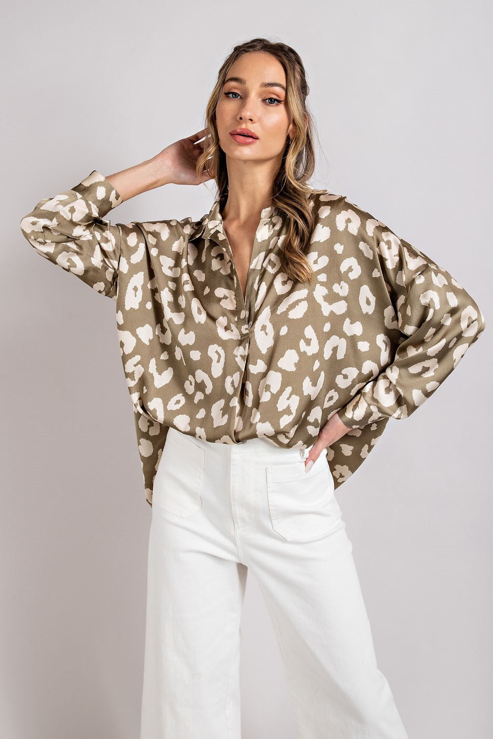 Dry Herb Leopard V-neck Button Down Top