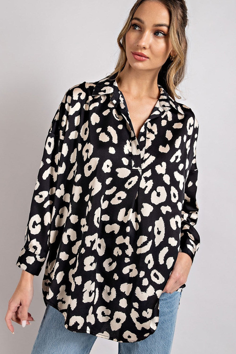 Black Leopard V-neck Button Down Top