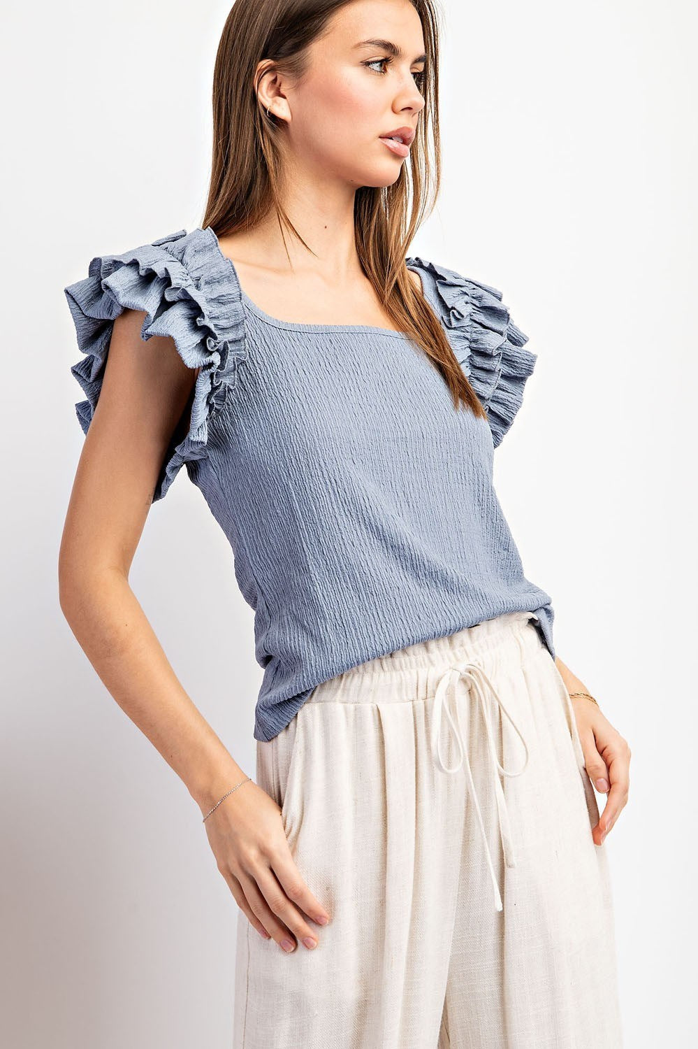 Ash Denim Ruffle Short Sleeve Textured Top