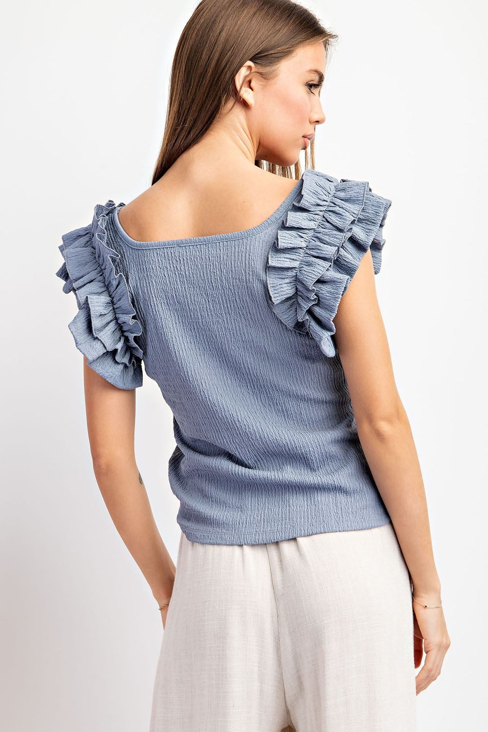 Ash Denim Ruffle Short Sleeve Textured Top