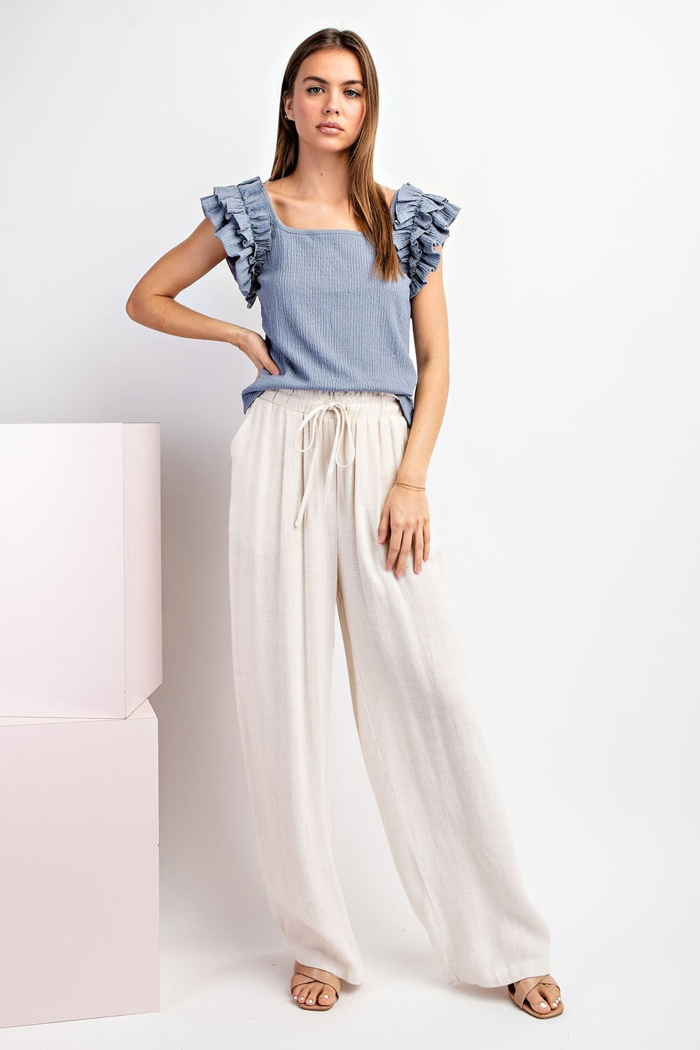 Ash Denim Ruffle Short Sleeve Textured Top