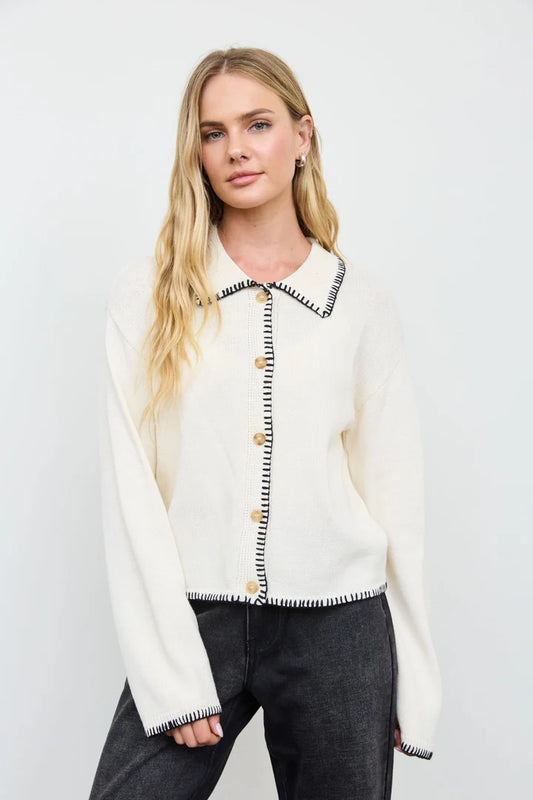 Cream Whipstitch Trim Cardigan