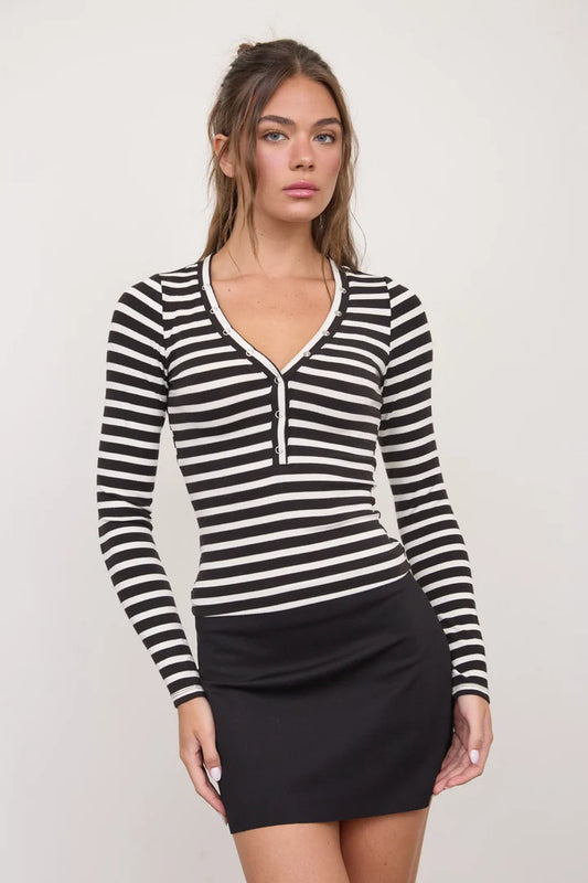 Henley Long Sleeve Strip Knit Top - Black