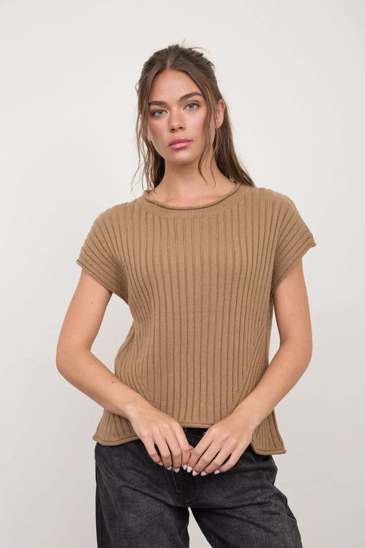 Taupe Rolled Trimmed Ribbed Sweater