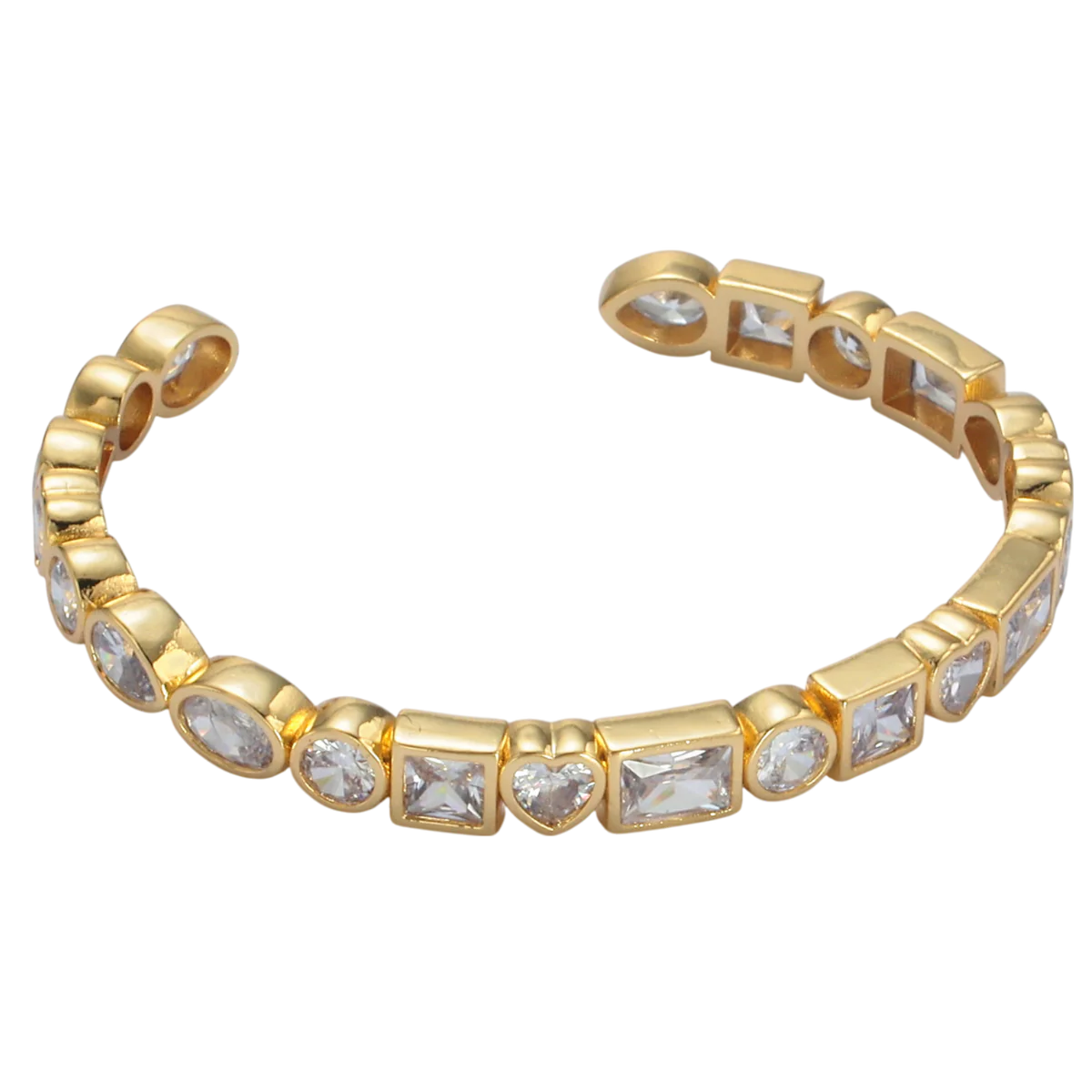 Gold CZ Heart Baguette Oval Lined Cuff Bracelet