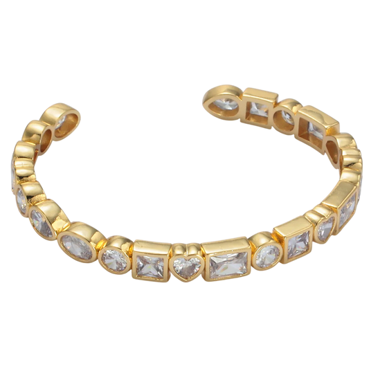 Gold CZ Heart Baguette Oval Lined Cuff Bracelet