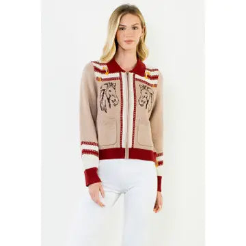Beige & Burgundy Zipper Front Horse Cardigan