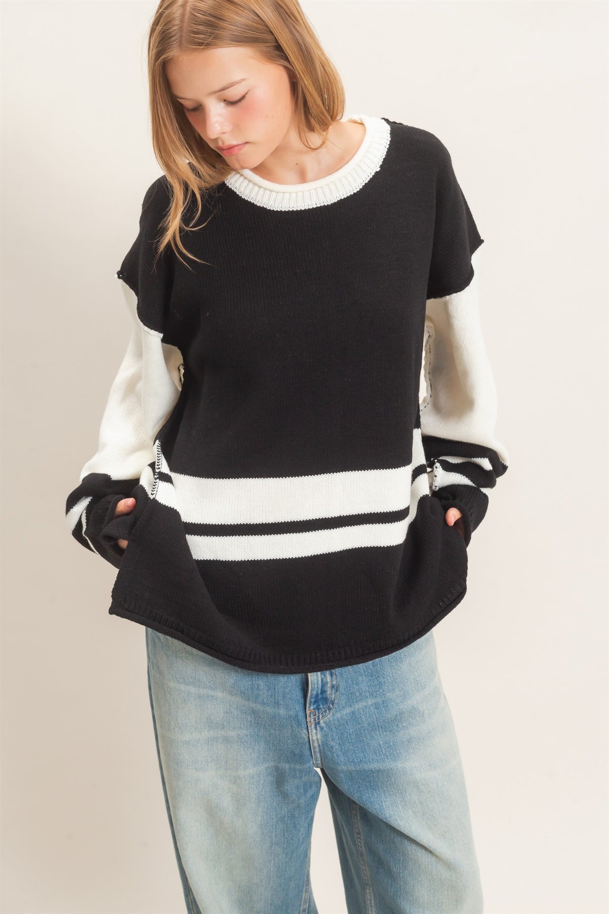 Black Striped Crew Neck Sweater