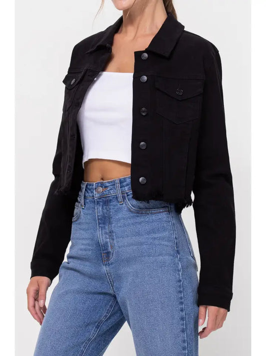 Cropped Black Wash Frayed Jacket