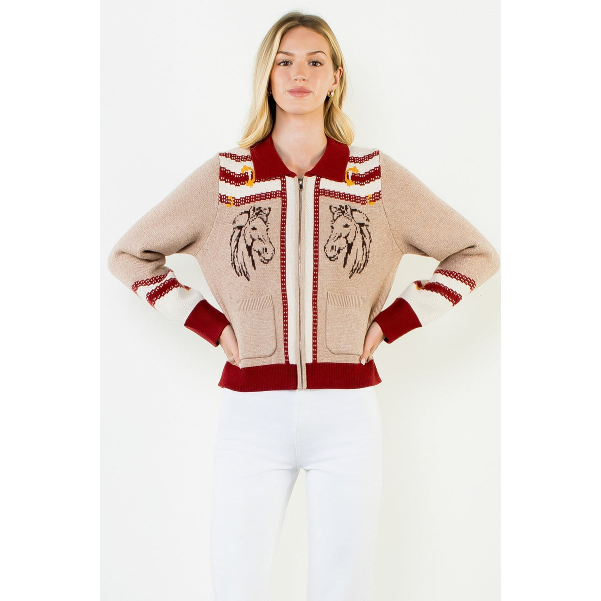 Beige & Burgundy Zipper Front Horse Cardigan