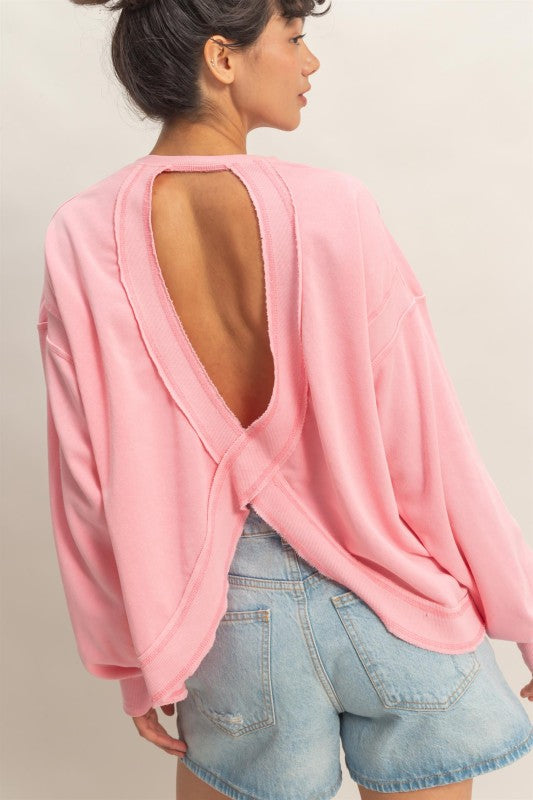 Cross Detail Open Back Sweatshirt- Taffy Pink