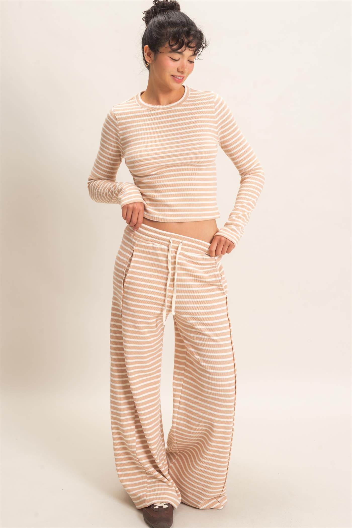 Sand Striped Waffle Knit Top & Pant Set