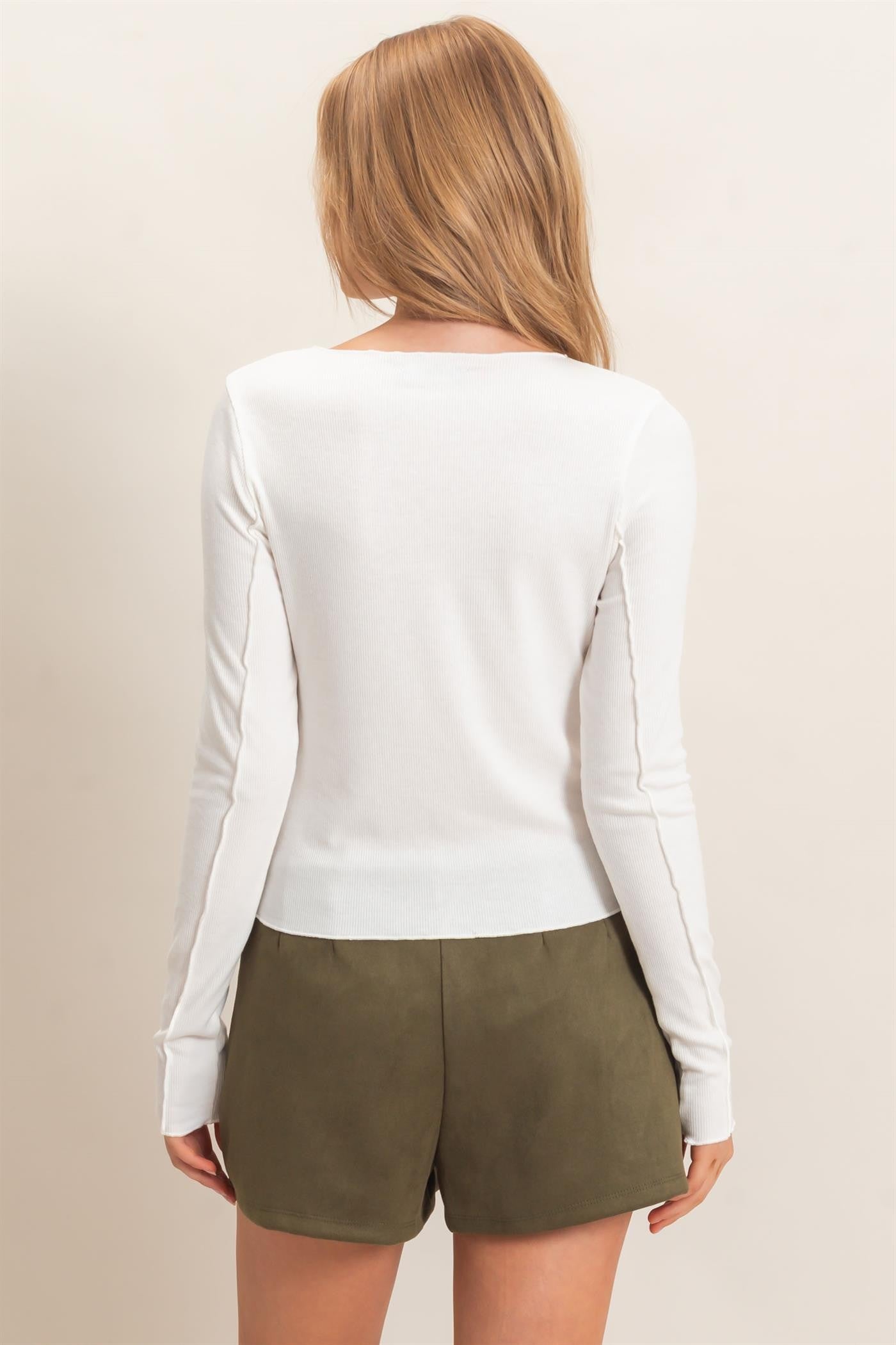 White Ruffled Ribbed Long Sleeve Top